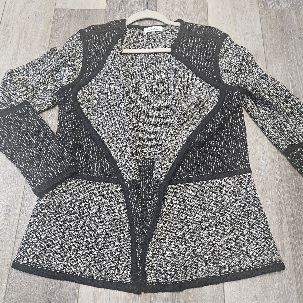 Calvin Klein Boucle Knit Open Front Drape Cardigan Sweater Black Women's Large